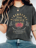 Women's Strawberry & Letter Print Round Neck Tee, Casual Short Sleeve Crew Neck T-shirt for Summer, Fashion Women's Top...