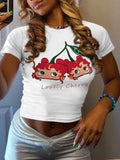 Women's Strawberry Print Round Neck Crop Tee, Casual Short Sleeve Crew Neck T-shirt for Summer, Fashion Women's Top for...