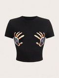 Women's Streetwear Graphic Round Neck Crop Tee, Casual Short Sleeve Crew Neck T-Shirt for Daily Wear, Ladies Clothes for...