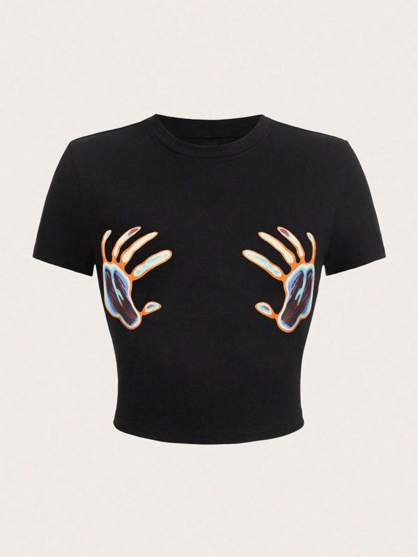 Women's Streetwear Graphic Round Neck Crop Tee, Casual Short Sleeve Crew Neck T-Shirt for Daily Wear, Ladies Clothes for...