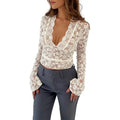 Women's Summer Fashion Crop Tops Long Flared Sleeve Sheer Lace Floral Slim T-shirt Polyester Womenswear Hoodie, Sweatshirt