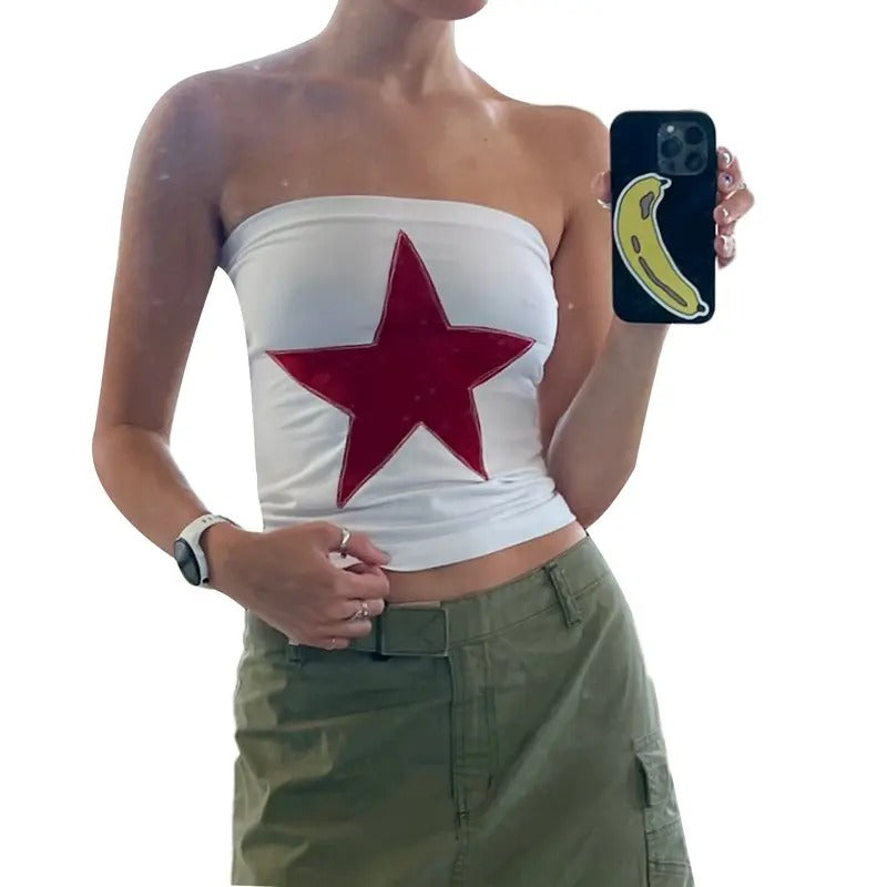 Women's Summer Fashion Tube Tops Sleeveless Off Shoulder Star Patch Slim Fit Bandeau Light Womenswear T-Shirts, Hoodie,...