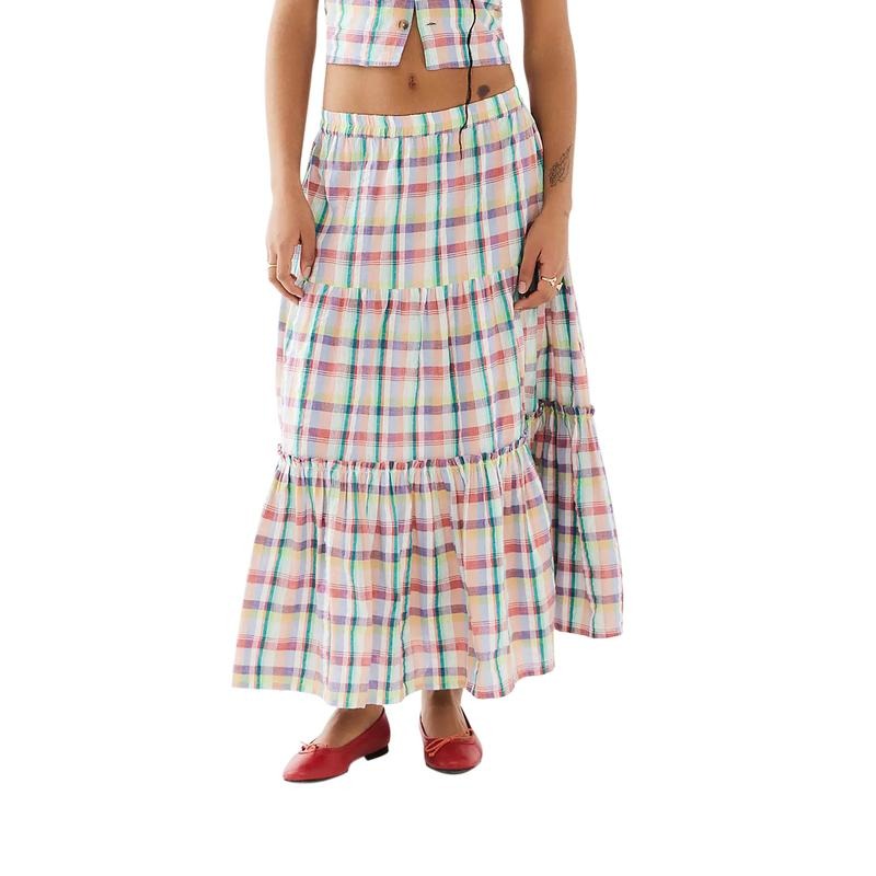 Women's Summer Plaid Print Skirt Elastic Waist Tiered A-Line Casual Midi Skirts Streetwear Womenswear Bottom T-Shirts,...