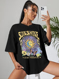 Women's Sun & Floral Print Drop Shoulder Tee, Fashion Casual Letter Graphic Half Sleeve Round Neck T-shirt for Daily...