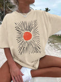 Women's Sun Print Drop Shoulder Tee, Casual Half Sleeve Round Neck T-Shirt for Summer, Women's Top for Daily Wear, Tshirt...