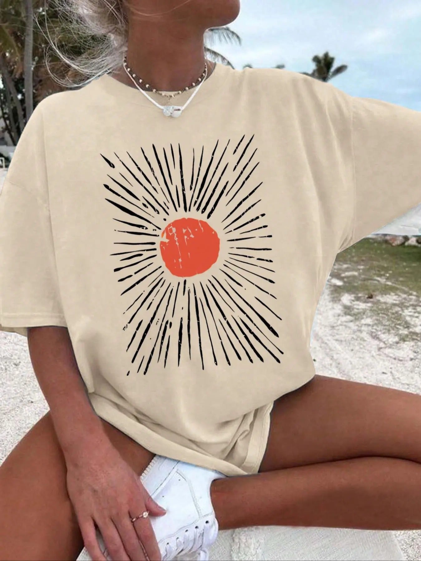Women's Sun Print Drop Shoulder Tee, Casual Half Sleeve Round Neck T-Shirt for Summer, Women's Top for Daily Wear, Tshirt...