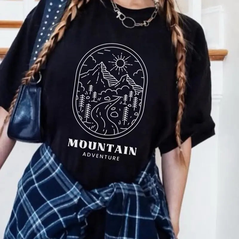 Women's The Mountains Minimalist Graphic Tshirt - Short Sleeve Casual Cotton with Sun and Mountains Design