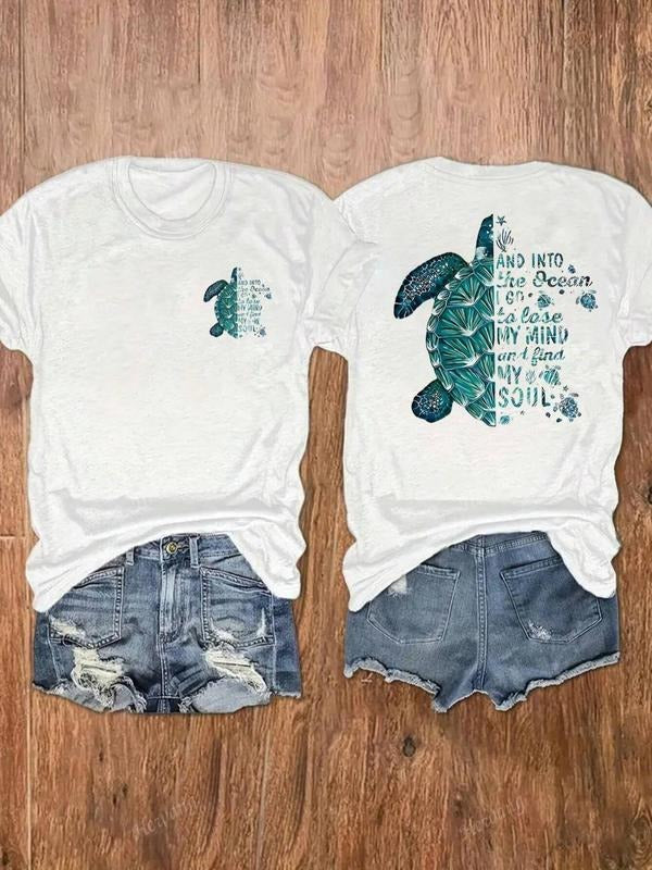 Turtle & Letter Print Round Neck Casual Short Sleeve Crew Neck Summer Clothes Daily Top T-Shirts, Hoodie, Sweatshirt
