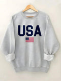 Women's USA Flag & Letter Print Crew Neck Sweatshirt, Casual Long Sleeve Pullover for Daily Wear, Ladies Clothes for All...
