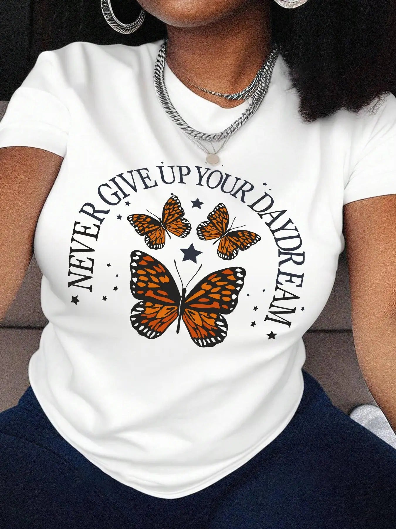 Women's Vintage Butterfly & Letter Print Round Neck Tee, Casual Short Sleeve Crew Neck T-Shirt for Summer, Fashion...