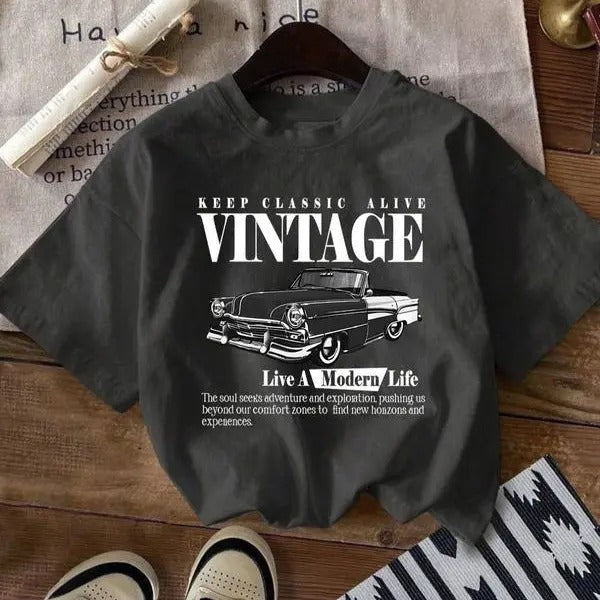 Women's Vintage Car & Letter Print Round Neck Tee, Casual Short Sleeve Crew Neck T-shirt for Summer, T Shirts for Women, ...