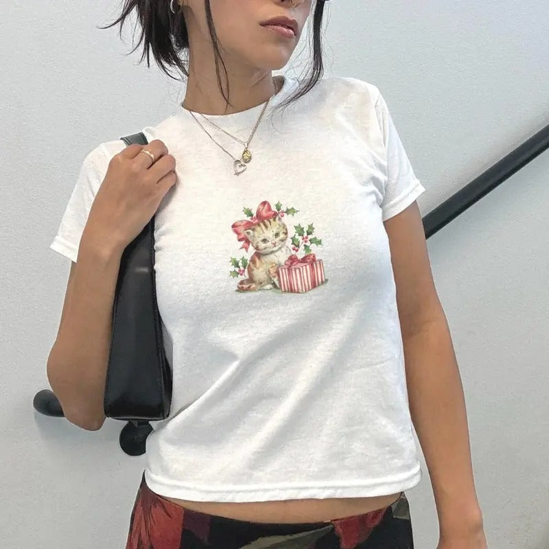 Women's Vintage Cute Cat Coquette Christmas Baby Tee - Casual, Comfort Cotton Top Hoodie, Sweatshirt | GrindPrints.com
