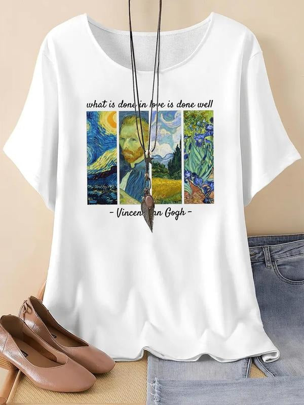 Women's Vintage Letter & Van Gogh Print Round Neck Graphic Tee, Casual Drop Shoulder Half Sleeve T-shirt for Summer,...