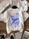 Women's Whale & Floral Print Round Neck Tee, Casual Short Sleeve Crew Neck T-shirt for Summer, Fashion Women's Top for...