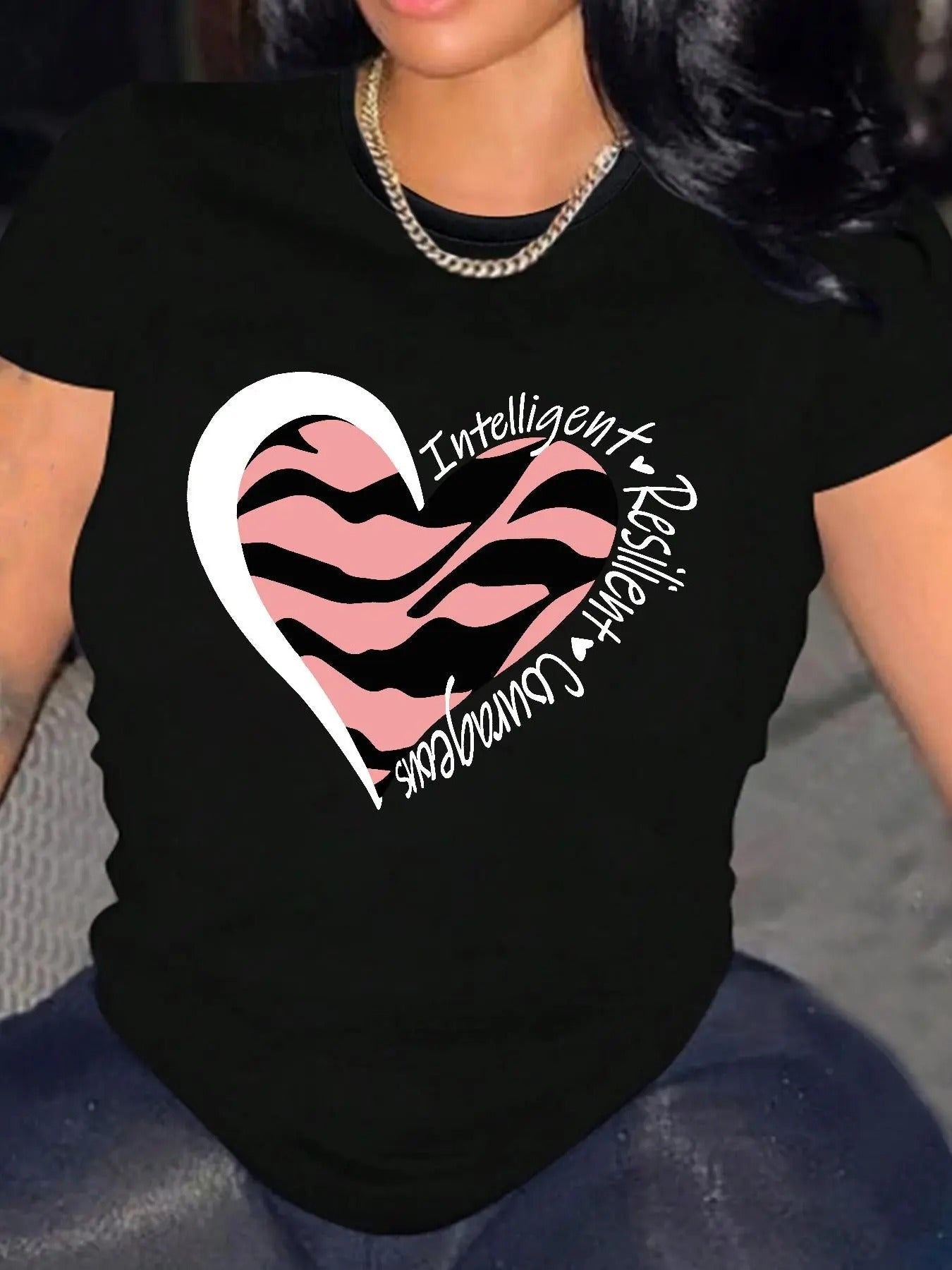 Women's Zebra Stripe Heart & Letter Print Round Neck Tee, Fashion Casual Crew Neck Short Sleeve T-Shirt for Daily Holiday...