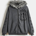 Women's Zip Up Hoodies Graphic Rhinestone Contrast Faux Fur Long Sleeve Sweatshirt Jacket with Pockets T-Shirts