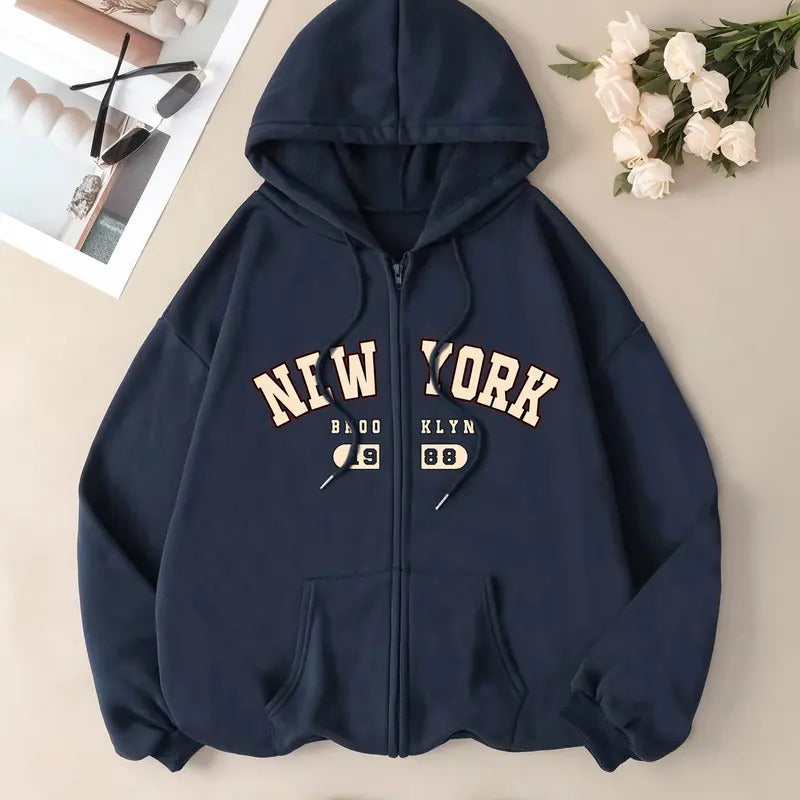 Women's Zip Up Hoodies Letter Print Drawstring Long Sleeve Sweatshirt Jacket with Pocket T-Shirts | GrindPrints.com