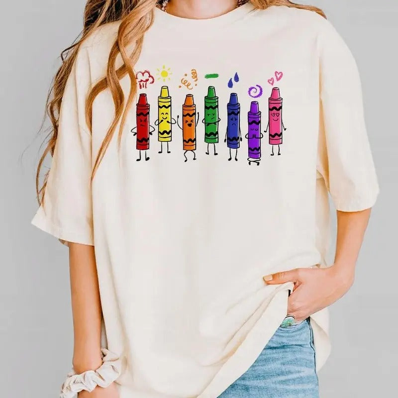 Womens Crayon Design Shirt, Mood Color Crayons Teacher Tee, Cute Teacher Shirt, Kindergarten Teacher, Teacher Life Shirt,...