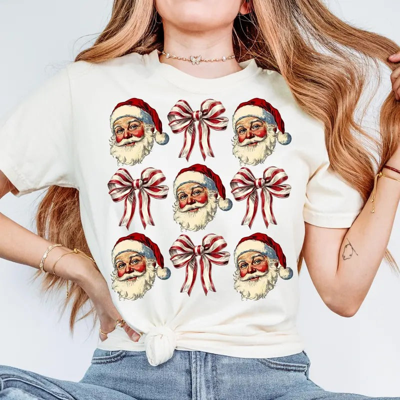 Cute Santa Claus Coquette Bows Family Xmas Coquette Bow Vintage Retro Xmas T-Shirts, Hoodie, Sweatshirt