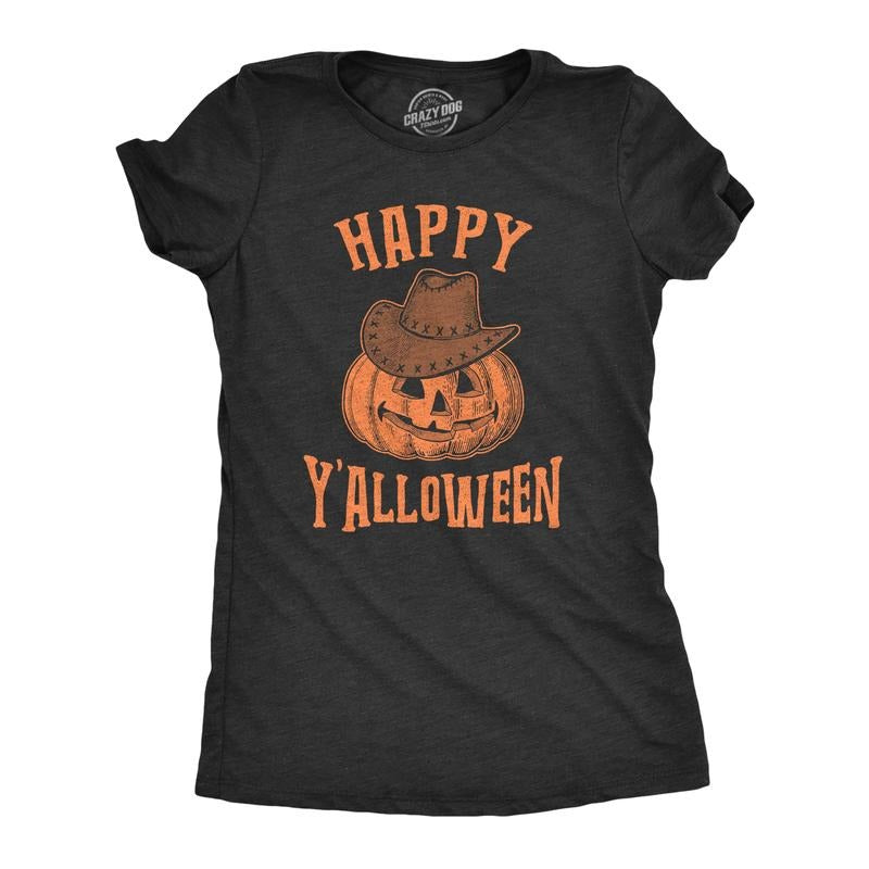 Womens Happy Y'alloween T Shirt Funny Halloween Jack-O-Lantern Cowboy Graphic Novelty Tee Funny Womens T Shirts Cute...