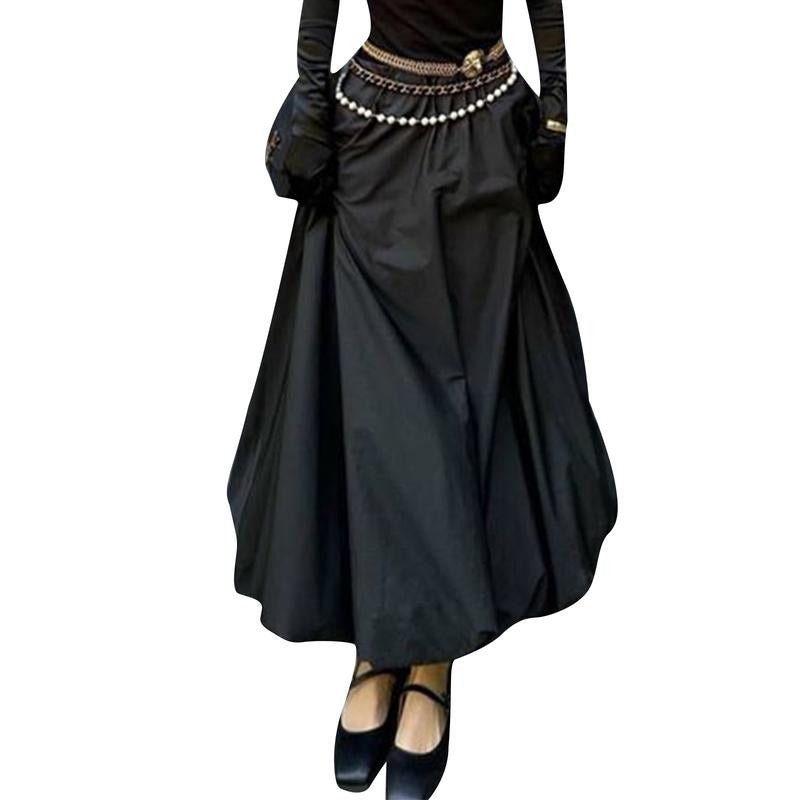 Womens Long Skirts Cute Elastic Waist Solid Color Flowy Floral Bud Bubble A-Line Skirts Light Womenswear Bottom Underwear...