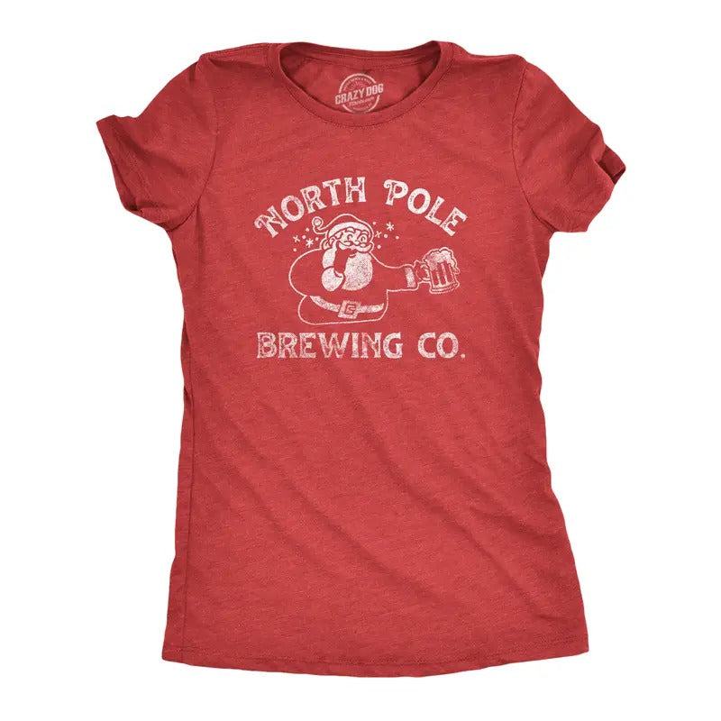 North Pole Brewing Co Funny Xmas Beer Company Santa Drinking Funny Cute Slimming Top Comfortable Soft Womenswear Tops Funny Beer Top Red T-Shirts, Hoodie, Sweatshirt