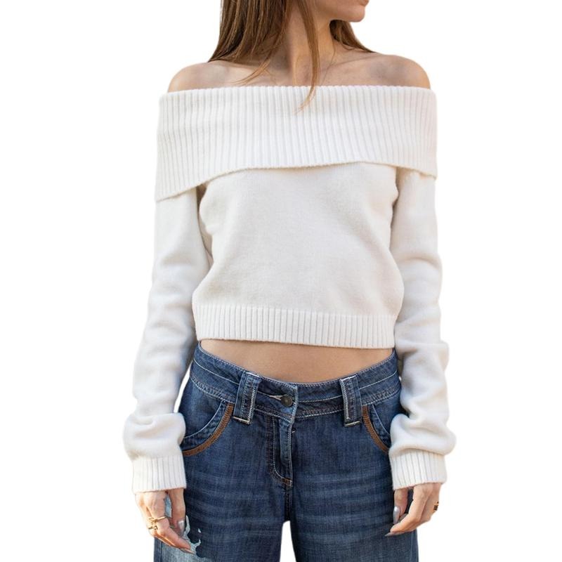 Womens Off Shoulder SweaterSolid Fold Over Long Sleeve Crop Knit Tops Casual Fall Streetwear T-Shirts, Hoodie, Sweatshirt