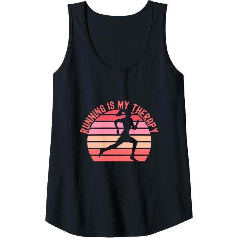 Womens Running is My Therapy Girl Runner Retro Sunset Funny Tank Top Made in USA T-Shirts, Hoodie, Sweatshirt