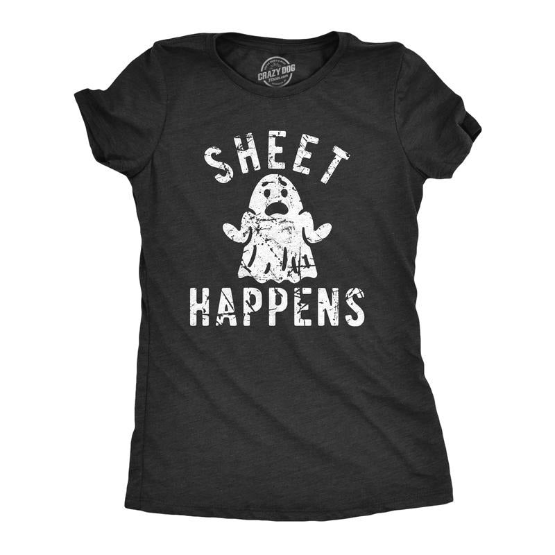 Womens Sheet Happens T Shirt Funny Halloween Ghost Costume Joke Tee For Ladies Funny Womens T Shirts Cute Slimming Top...