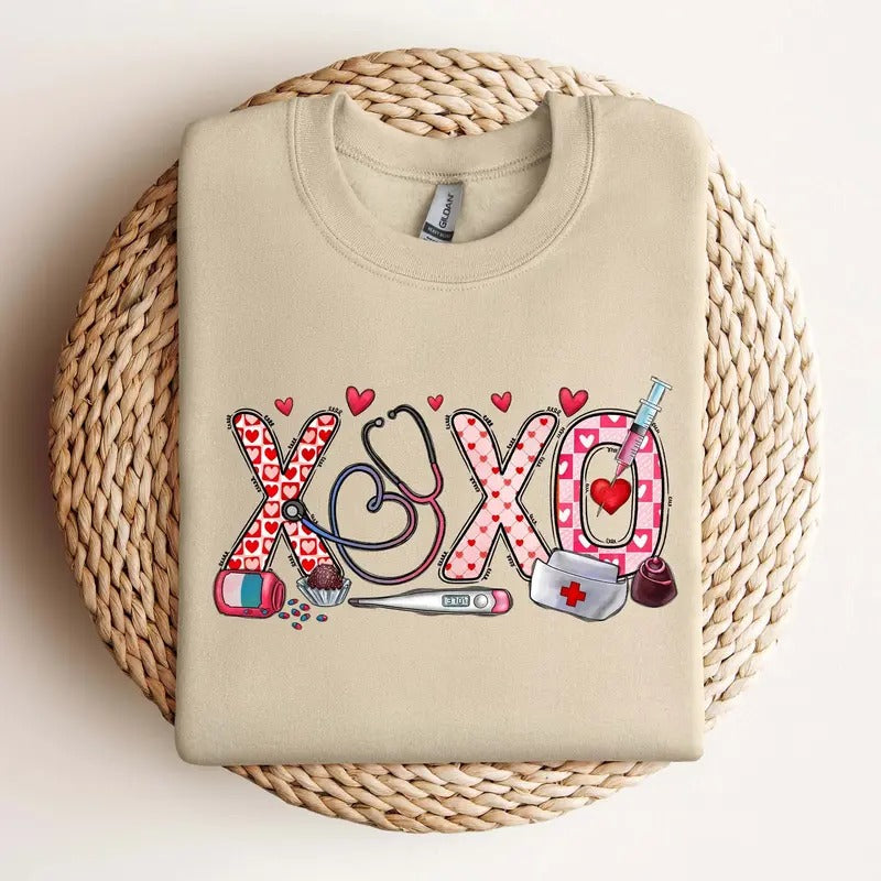 XOXO Nurse Sweatshirt, Valentines Day Shirt, Sweatshirt For Nurse, Valentines Day Gift for Nurse Casual Classic Collar...