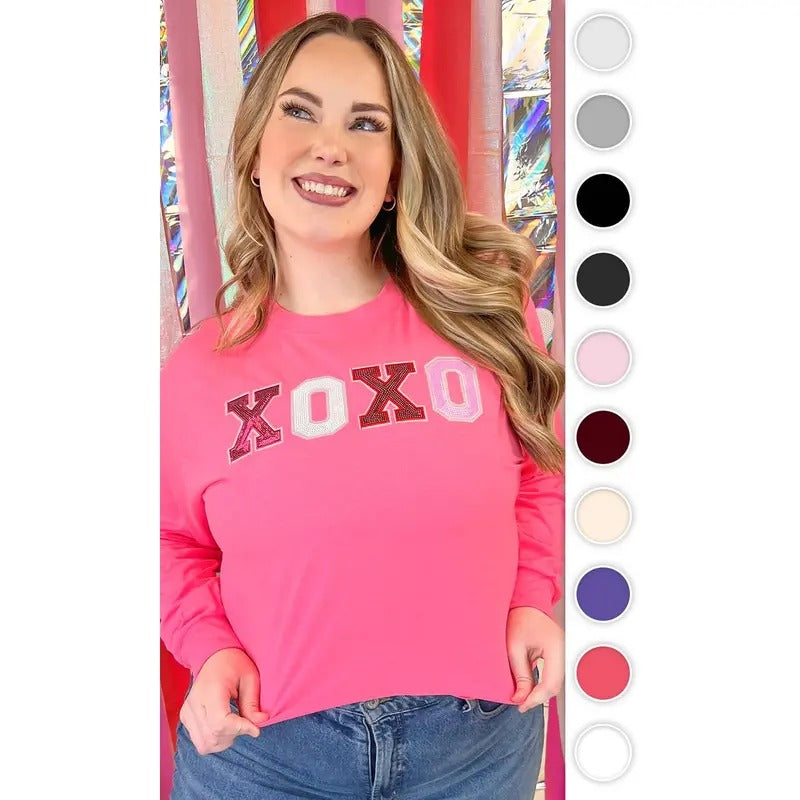 XOXO Sequin Valentine Graphic Long Sleeve T-Shirt Hoodie, Sweatshirt | GrindPrints.com