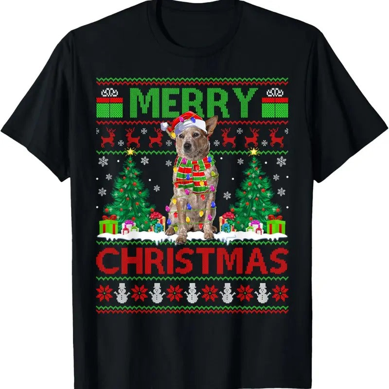 Xmas Tree Lights Ugly Santa Australian Cattle Dog Christmas T-Shirt Hoodie, Sweatshirt | GrindPrints.com