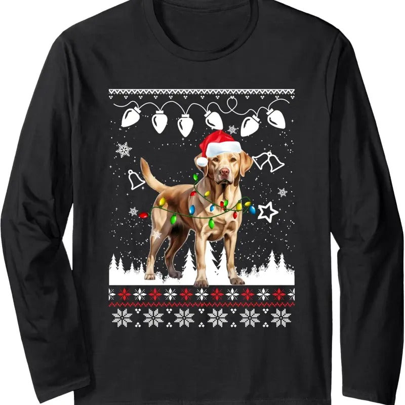 Xmas Ugly Sweater Christmas Lights Labrador Retriever Dog Long Sleeve T-Shirt Hoodie, Sweatshirt | GrindPrints.com