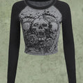 Y2K Shirt Gothic Long Sleeve Crop Tops Graphic Tees Skull Floral Print T Shirts Hoodie, Sweatshirt | GrindPrints.com