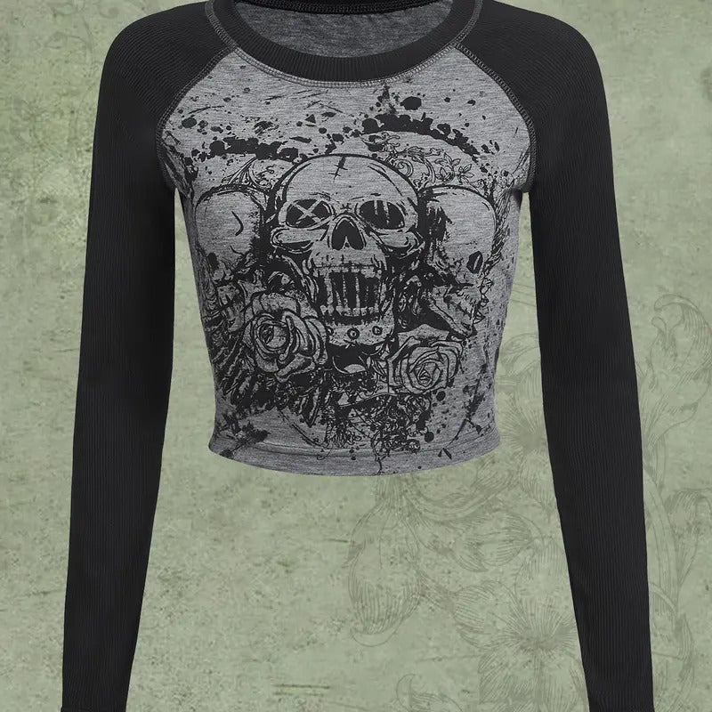 Y2K Shirt Gothic Long Sleeve Crop Tops Graphic Tees Skull Floral Print T Shirts Hoodie, Sweatshirt | GrindPrints.com