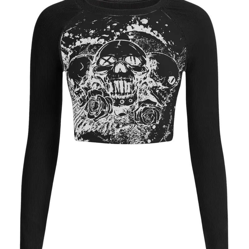 Y2K Shirt Gothic Long Sleeve Crop Tops Graphic Tees Skull Floral Print T Shirtsstyle{n002}2 Hoodie, Sweatshirt