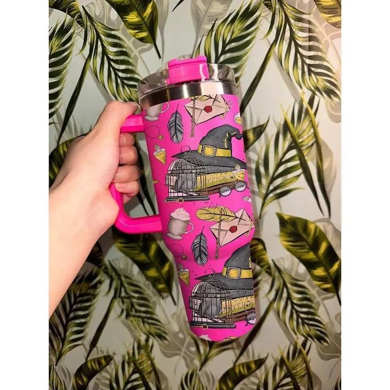 Yellow House Wizard Tumbler 40oz With Handle, Wizard 40oz Tumbler, Magic Tumbler 40oz, Wizarding Stainless Steel Tumbler,...