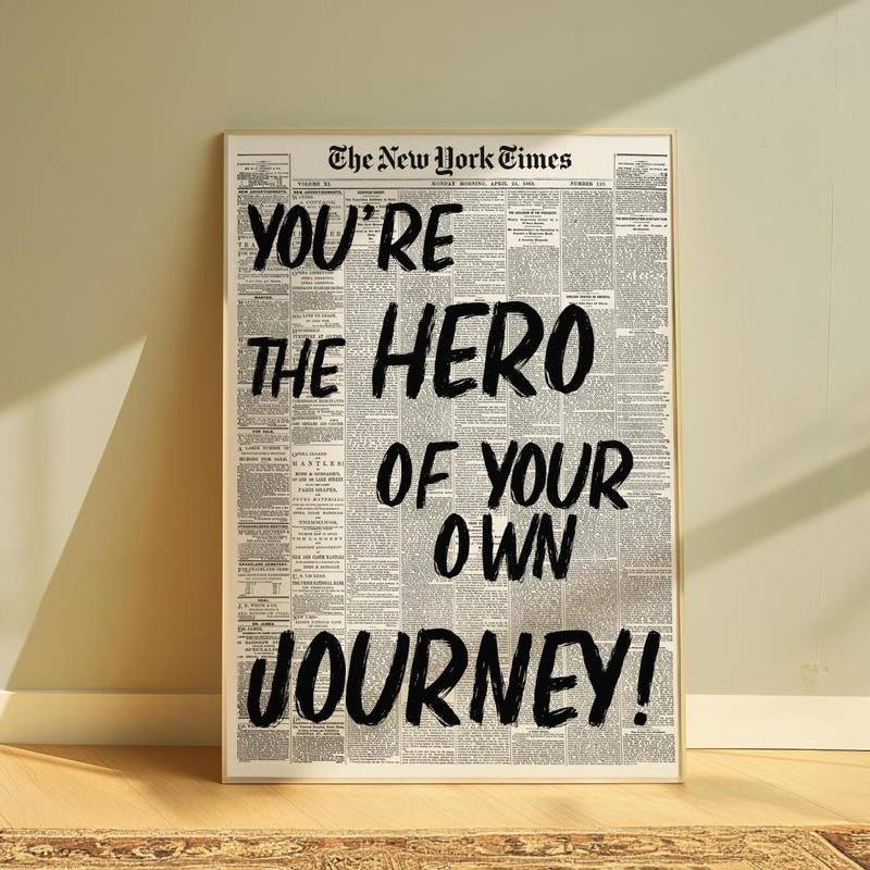 You are the hero Print, Inspirational Art Poster, Typography prints, Retro Newspaper Print, NY Art, trendy wall prints,...