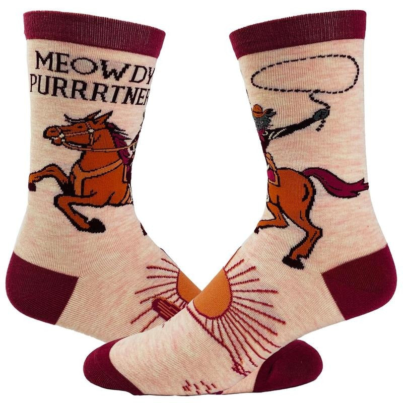 Youth Meowdy Purrtner Socks Funny Howdy Partner Cowboy Cat Novelty Footwear Funny Graphic Socks Comfortable Fitted...
