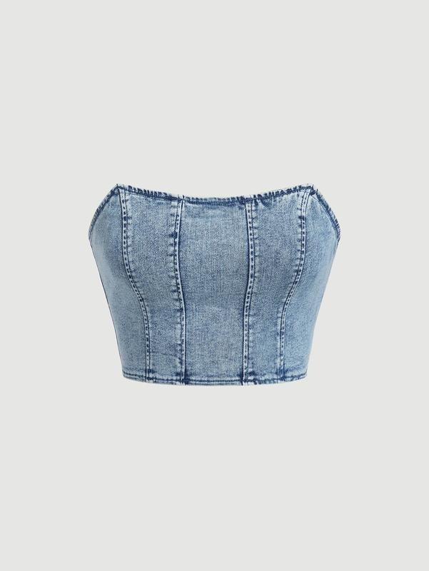 Zipper Strapless Sleeveless Denim Tube Crop Bandeau TopY2K T-Shirts, Hoodie, Sweatshirt | GrindPrints.com