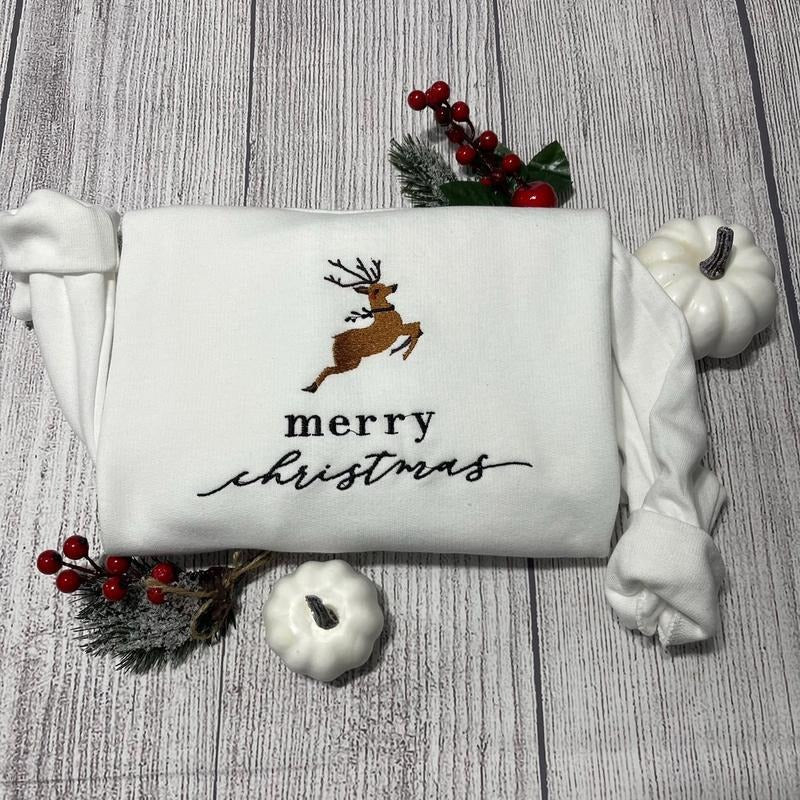 Merry Christmas raindeer  embroidered sweatshirt; Christmas sweatshirts; women Christmas gifts; casual gifts for her/him...