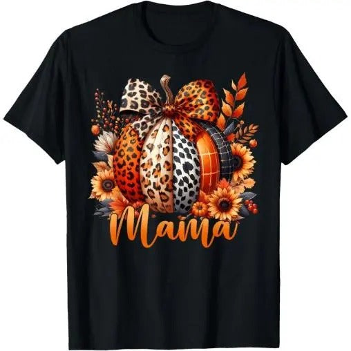 mama Thanksgiving Leopard Pumpkin Sunflower Coquette Bow T-Shirt Made in USA Hoodie, Sweatshirt | GrindPrints.com
