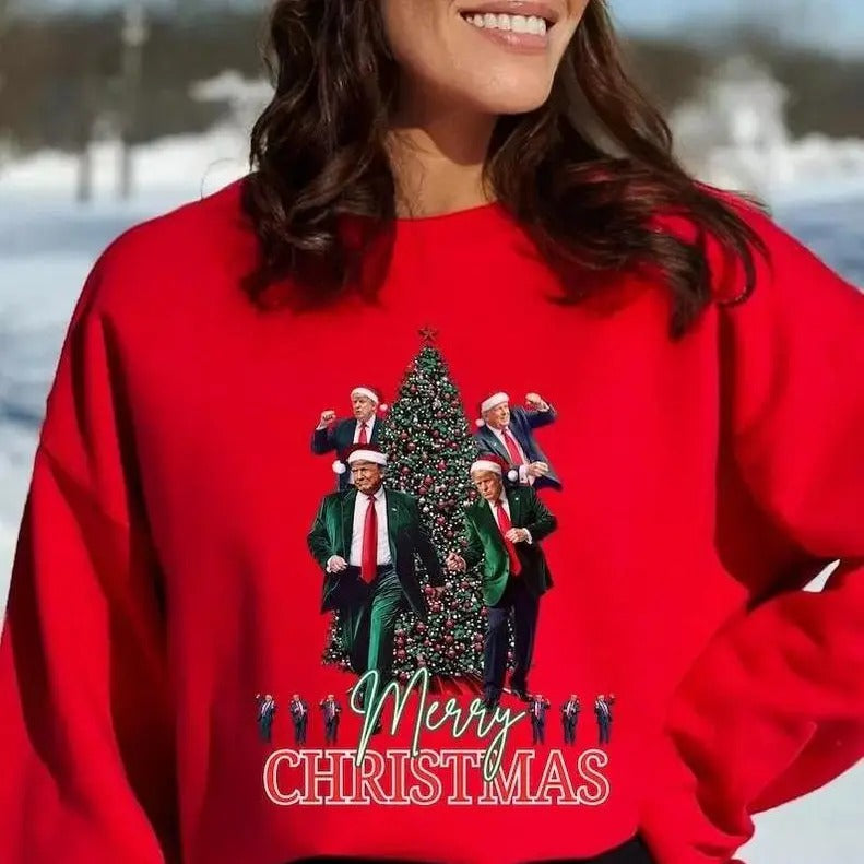 Funny Trummp President Dancing Merry Christmas Pine Tree Red Sweatshirt/hoodie/tshirt, Unisex Trendy | GrindPrints.com
